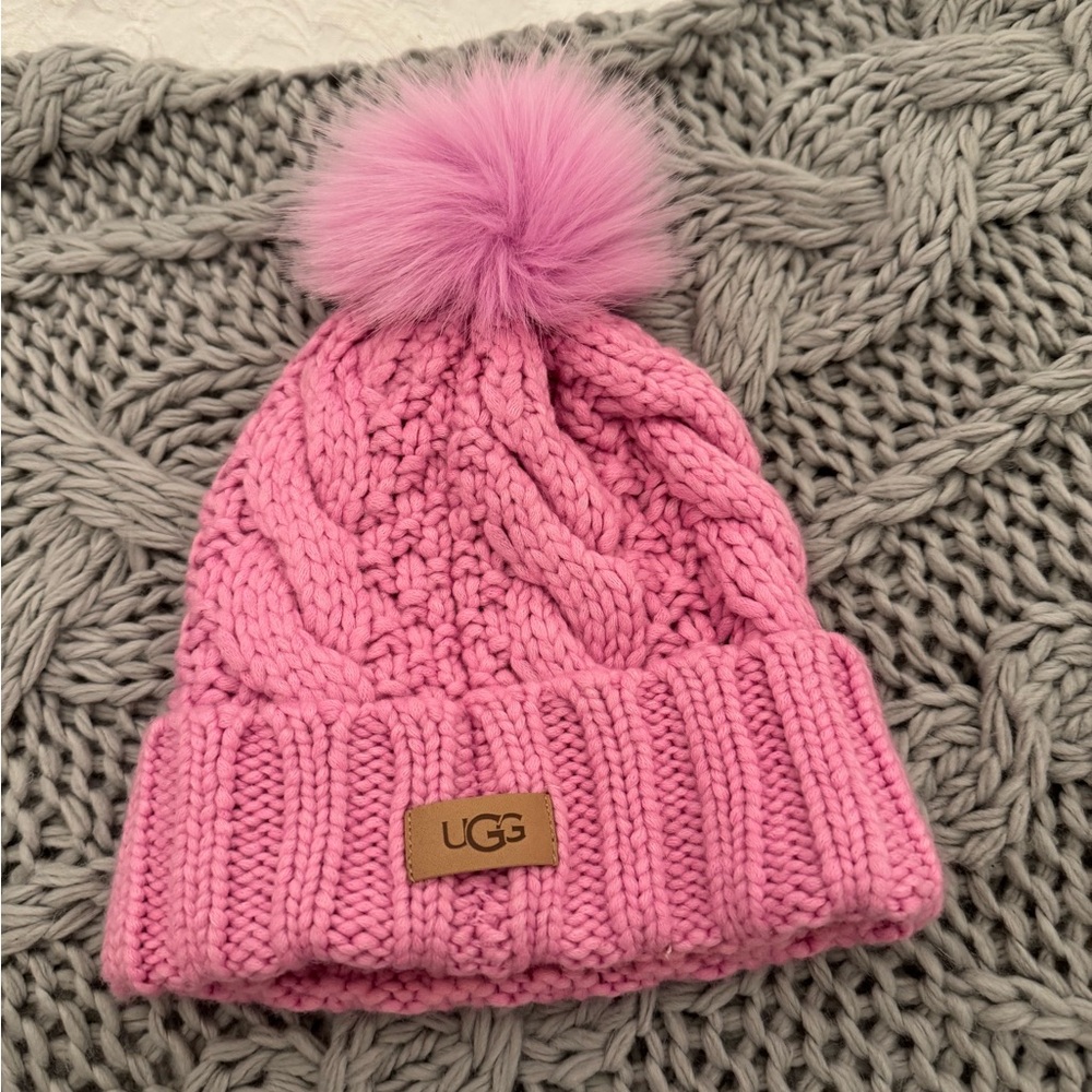 UGG Kids Pink Cable Knit Beanie with Pom-Pom
